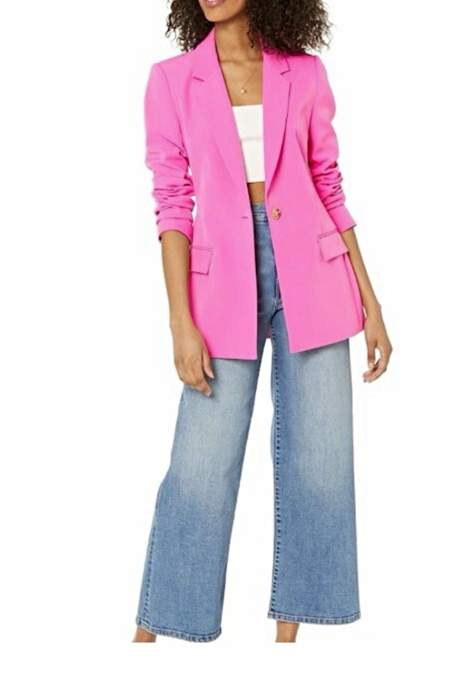 The Drop Women's Pink Lined Long Blazer Size M Button Closure Pockets